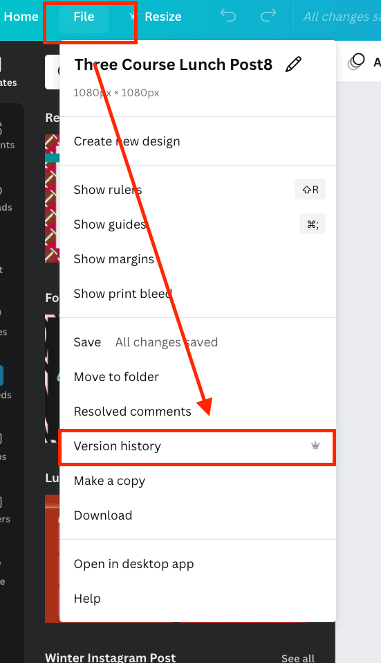 CAnva pro review version history menu